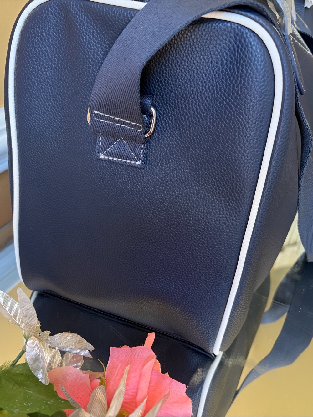 Ralph Lauren navy with white trim faux leather travel weekend duffel bag - Picture 6 of 11